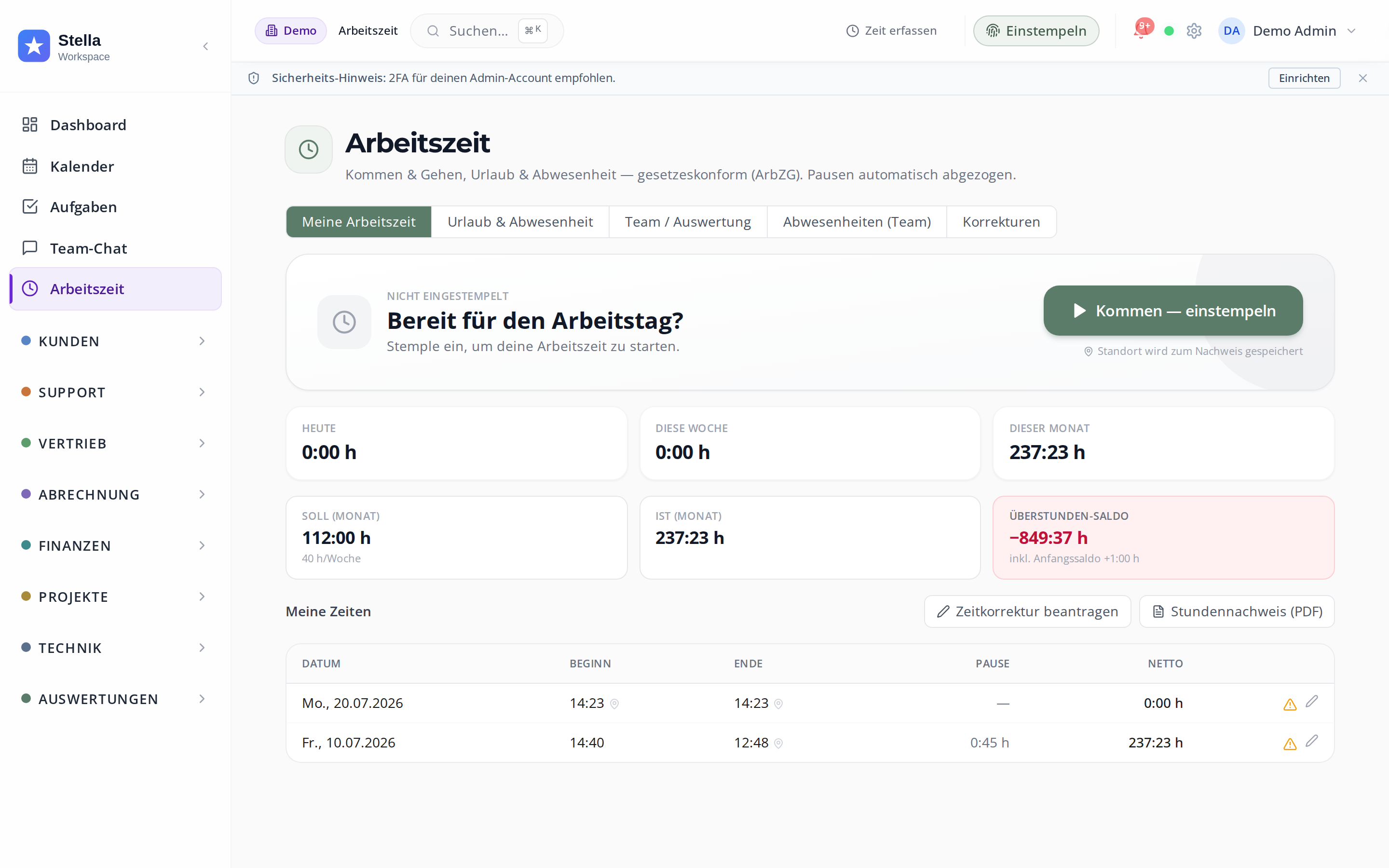 Stella Workspace — Zeiterfassung